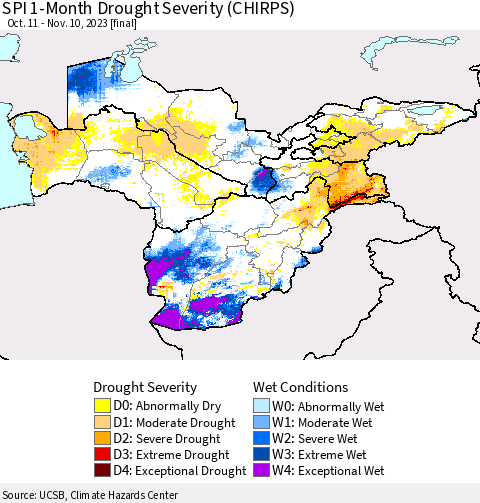 Central Asia SPI 1-Month Drought Severity (CHIRPS) Thematic Map For 10/11/2023 - 11/10/2023