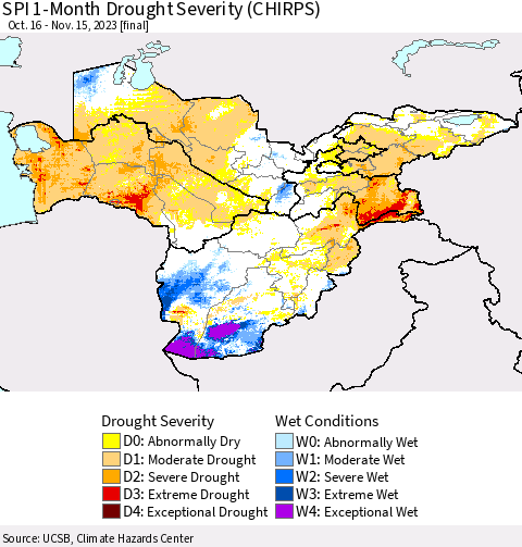 Central Asia SPI 1-Month Drought Severity (CHIRPS) Thematic Map For 10/16/2023 - 11/15/2023
