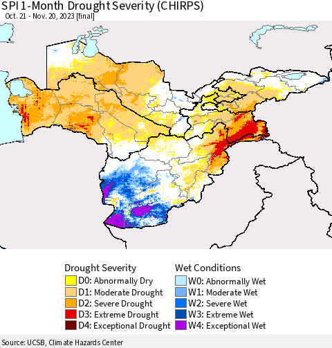 Central Asia SPI 1-Month Drought Severity (CHIRPS) Thematic Map For 10/21/2023 - 11/20/2023