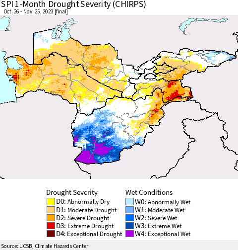 Central Asia SPI 1-Month Drought Severity (CHIRPS) Thematic Map For 10/26/2023 - 11/25/2023
