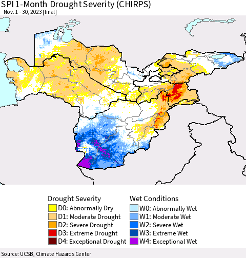 Central Asia SPI 1-Month Drought Severity (CHIRPS) Thematic Map For 11/1/2023 - 11/30/2023