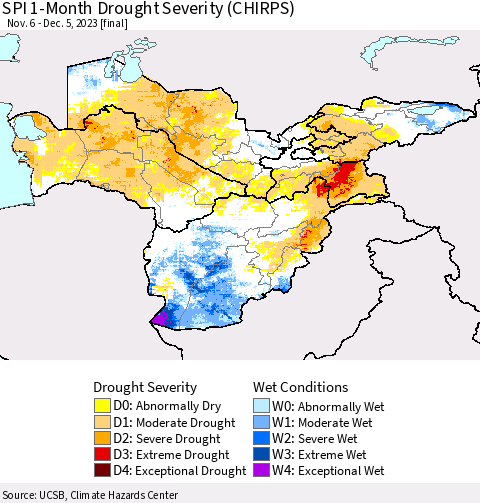 Central Asia SPI 1-Month Drought Severity (CHIRPS) Thematic Map For 11/6/2023 - 12/5/2023