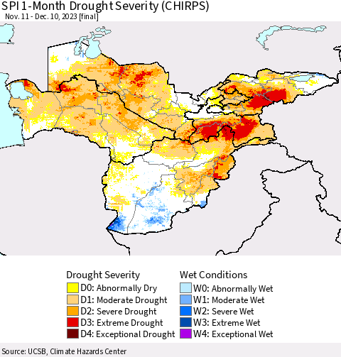 Central Asia SPI 1-Month Drought Severity (CHIRPS) Thematic Map For 11/11/2023 - 12/10/2023
