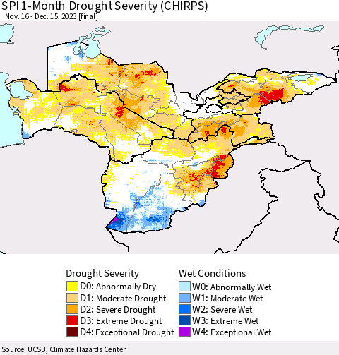 Central Asia SPI 1-Month Drought Severity (CHIRPS) Thematic Map For 11/16/2023 - 12/15/2023