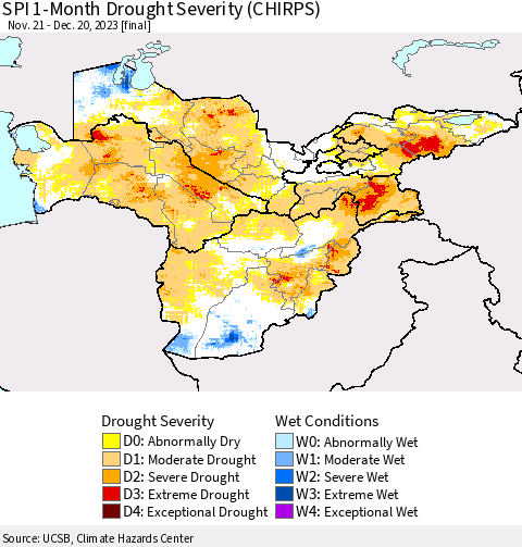 Central Asia SPI 1-Month Drought Severity (CHIRPS) Thematic Map For 11/21/2023 - 12/20/2023