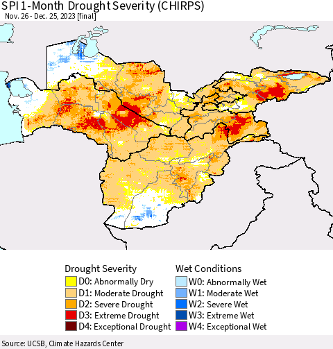 Central Asia SPI 1-Month Drought Severity (CHIRPS) Thematic Map For 11/26/2023 - 12/25/2023