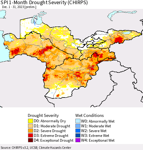 Central Asia SPI 1-Month Drought Severity (CHIRPS) Thematic Map For 12/1/2023 - 12/31/2023