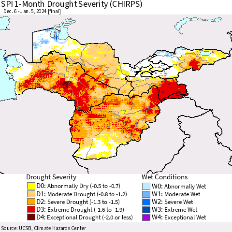 Central Asia SPI 1-Month Drought Severity (CHIRPS) Thematic Map For 12/6/2023 - 1/5/2024
