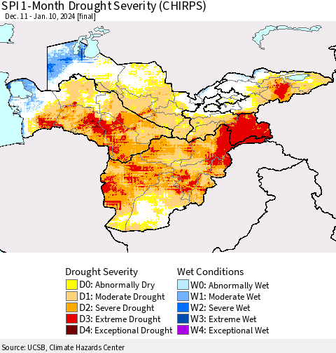 Central Asia SPI 1-Month Drought Severity (CHIRPS) Thematic Map For 12/11/2023 - 1/10/2024