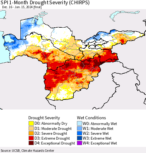 Central Asia SPI 1-Month Drought Severity (CHIRPS) Thematic Map For 12/16/2023 - 1/15/2024