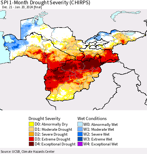 Central Asia SPI 1-Month Drought Severity (CHIRPS) Thematic Map For 12/21/2023 - 1/20/2024