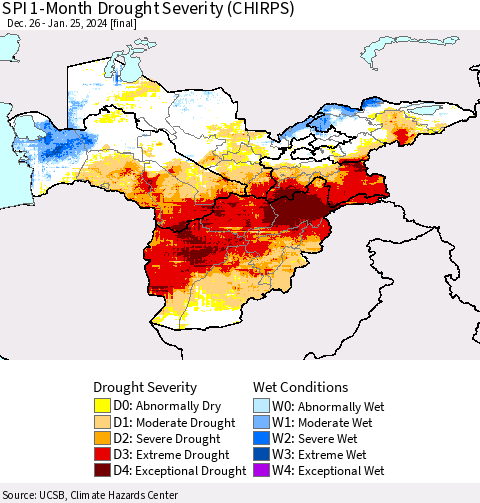 Central Asia SPI 1-Month Drought Severity (CHIRPS) Thematic Map For 12/26/2023 - 1/25/2024