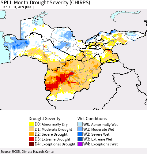 Central Asia SPI 1-Month Drought Severity (CHIRPS) Thematic Map For 1/1/2024 - 1/31/2024