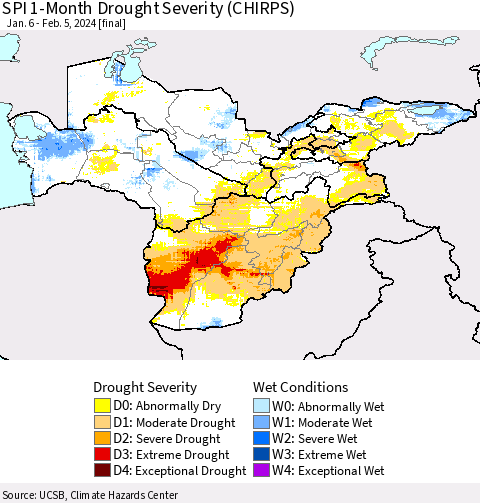 Central Asia SPI 1-Month Drought Severity (CHIRPS) Thematic Map For 1/6/2024 - 2/5/2024