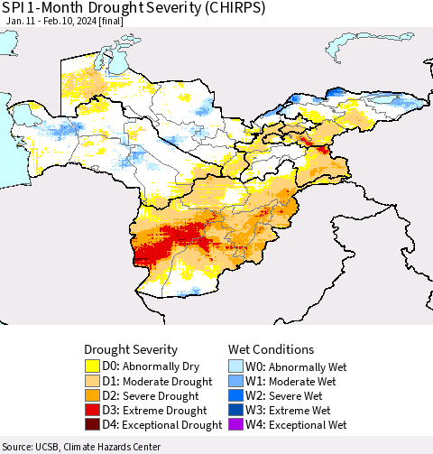 Central Asia SPI 1-Month Drought Severity (CHIRPS) Thematic Map For 1/11/2024 - 2/10/2024