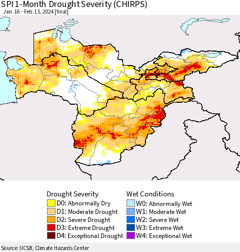 Central Asia SPI 1-Month Drought Severity (CHIRPS) Thematic Map For 1/16/2024 - 2/15/2024
