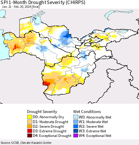 Central Asia SPI 1-Month Drought Severity (CHIRPS) Thematic Map For 1/21/2024 - 2/20/2024