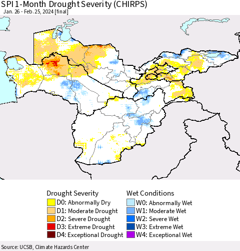Central Asia SPI 1-Month Drought Severity (CHIRPS) Thematic Map For 1/26/2024 - 2/25/2024