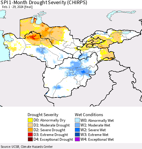 Central Asia SPI 1-Month Drought Severity (CHIRPS) Thematic Map For 2/1/2024 - 2/29/2024