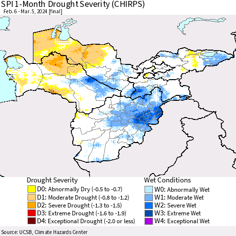 Central Asia SPI 1-Month Drought Severity (CHIRPS) Thematic Map For 2/6/2024 - 3/5/2024