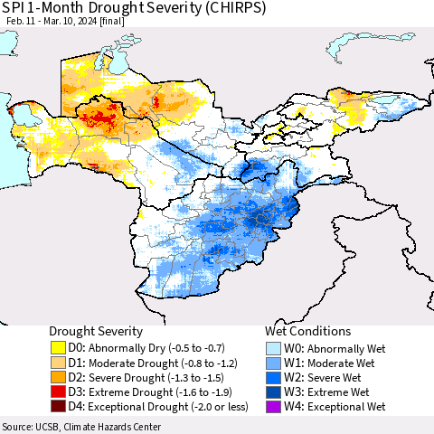 Central Asia SPI 1-Month Drought Severity (CHIRPS) Thematic Map For 2/11/2024 - 3/10/2024