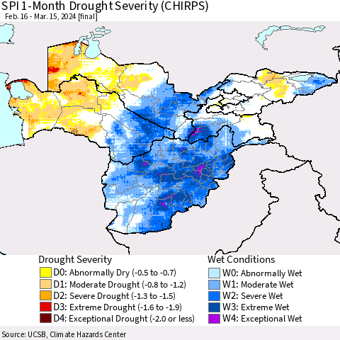 Central Asia SPI 1-Month Drought Severity (CHIRPS) Thematic Map For 2/16/2024 - 3/15/2024