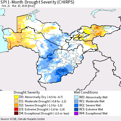 Central Asia SPI 1-Month Drought Severity (CHIRPS) Thematic Map For 2/21/2024 - 3/20/2024
