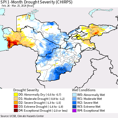 Central Asia SPI 1-Month Drought Severity (CHIRPS) Thematic Map For 2/26/2024 - 3/25/2024