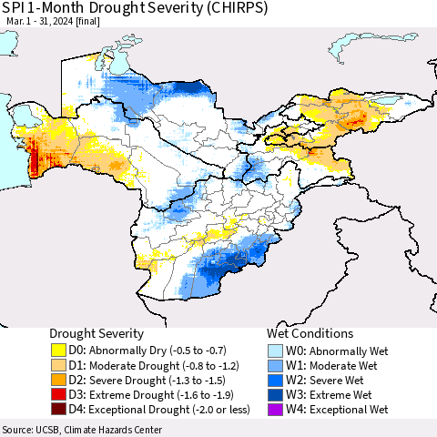 Central Asia SPI 1-Month Drought Severity (CHIRPS) Thematic Map For 3/1/2024 - 3/31/2024