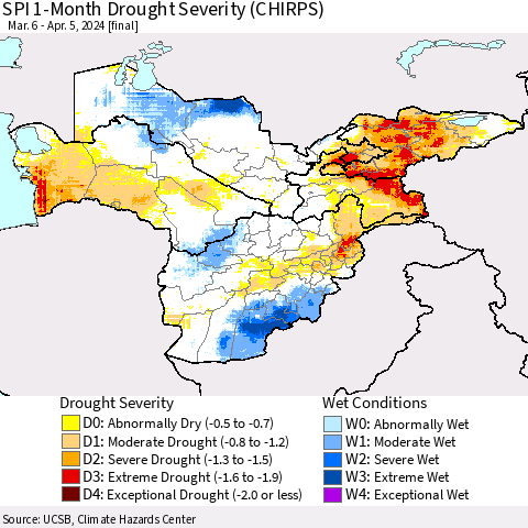 Central Asia SPI 1-Month Drought Severity (CHIRPS) Thematic Map For 3/6/2024 - 4/5/2024