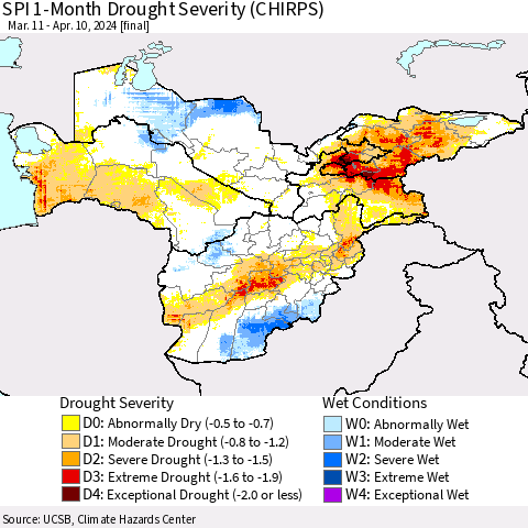 Central Asia SPI 1-Month Drought Severity (CHIRPS) Thematic Map For 3/11/2024 - 4/10/2024
