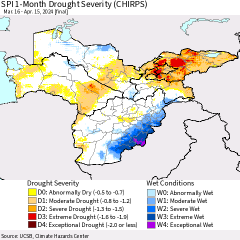 Central Asia SPI 1-Month Drought Severity (CHIRPS) Thematic Map For 3/16/2024 - 4/15/2024