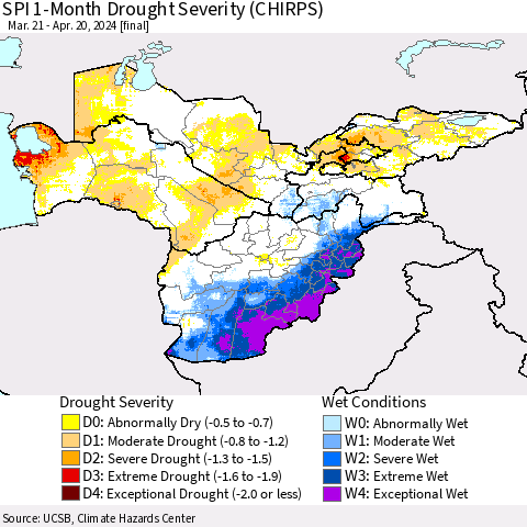 Central Asia SPI 1-Month Drought Severity (CHIRPS) Thematic Map For 3/21/2024 - 4/20/2024