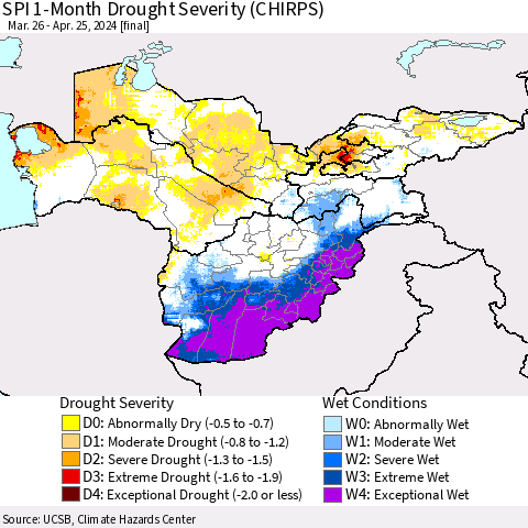 Central Asia SPI 1-Month Drought Severity (CHIRPS) Thematic Map For 3/26/2024 - 4/25/2024