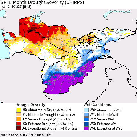 Central Asia SPI 1-Month Drought Severity (CHIRPS) Thematic Map For 4/1/2024 - 4/30/2024