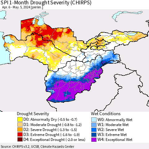 Central Asia SPI 1-Month Drought Severity (CHIRPS) Thematic Map For 4/6/2024 - 5/5/2024