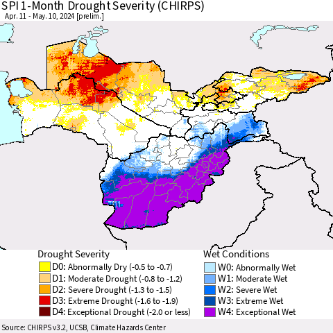 Central Asia SPI 1-Month Drought Severity (CHIRPS) Thematic Map For 4/11/2024 - 5/10/2024