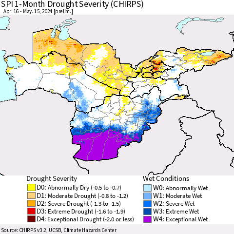 Central Asia SPI 1-Month Drought Severity (CHIRPS) Thematic Map For 4/16/2024 - 5/15/2024