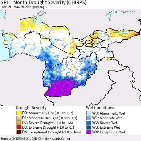 Central Asia SPI 1-Month Drought Severity (CHIRPS) Thematic Map For 4/21/2024 - 5/20/2024