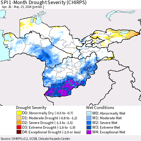 Central Asia SPI 1-Month Drought Severity (CHIRPS) Thematic Map For 4/26/2024 - 5/25/2024