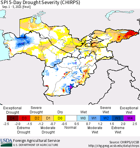 Central Asia SPI 5-Day Drought Severity (CHIRPS) Thematic Map For 9/1/2021 - 9/5/2021