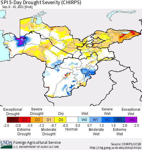 Central Asia SPI 5-Day Drought Severity (CHIRPS) Thematic Map For 9/6/2021 - 9/10/2021