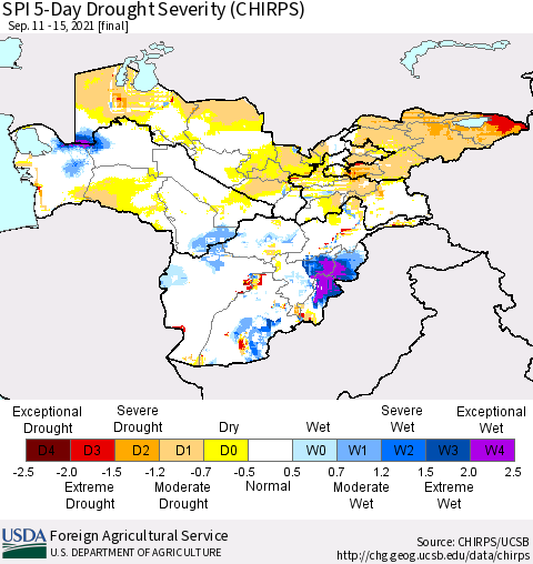 Central Asia SPI 5-Day Drought Severity (CHIRPS) Thematic Map For 9/11/2021 - 9/15/2021