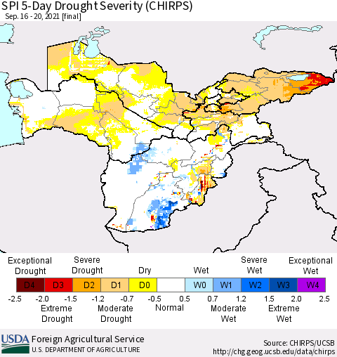 Central Asia SPI 5-Day Drought Severity (CHIRPS) Thematic Map For 9/16/2021 - 9/20/2021