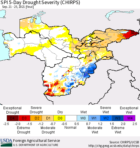 Central Asia SPI 5-Day Drought Severity (CHIRPS) Thematic Map For 9/21/2021 - 9/25/2021