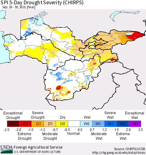 Central Asia SPI 5-Day Drought Severity (CHIRPS) Thematic Map For 9/26/2021 - 9/30/2021