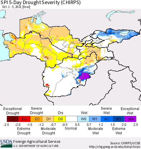 Central Asia SPI 5-Day Drought Severity (CHIRPS) Thematic Map For 10/1/2021 - 10/5/2021