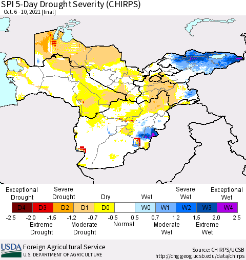 Central Asia SPI 5-Day Drought Severity (CHIRPS) Thematic Map For 10/6/2021 - 10/10/2021
