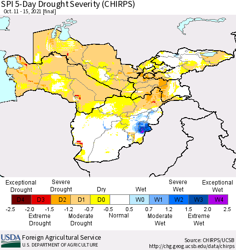Central Asia SPI 5-Day Drought Severity (CHIRPS) Thematic Map For 10/11/2021 - 10/15/2021