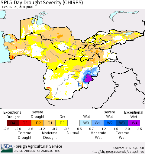 Central Asia SPI 5-Day Drought Severity (CHIRPS) Thematic Map For 10/16/2021 - 10/20/2021